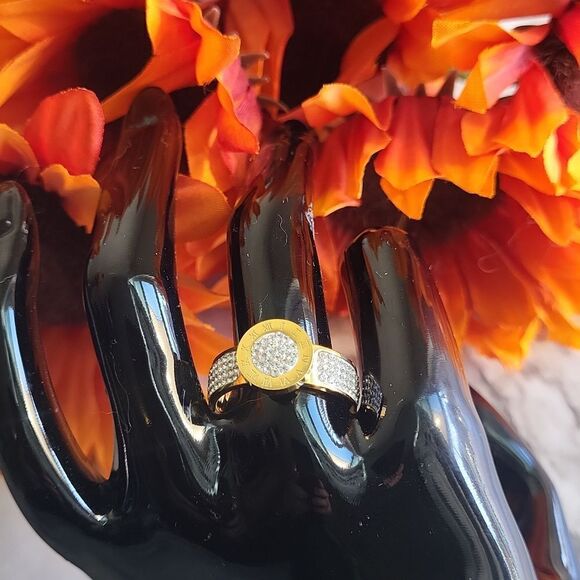 Stainless Steel 14K Gold Plated Numerals Inlaid Lab Diamond Luxury Ring Size 7 - Picture 9 of 15